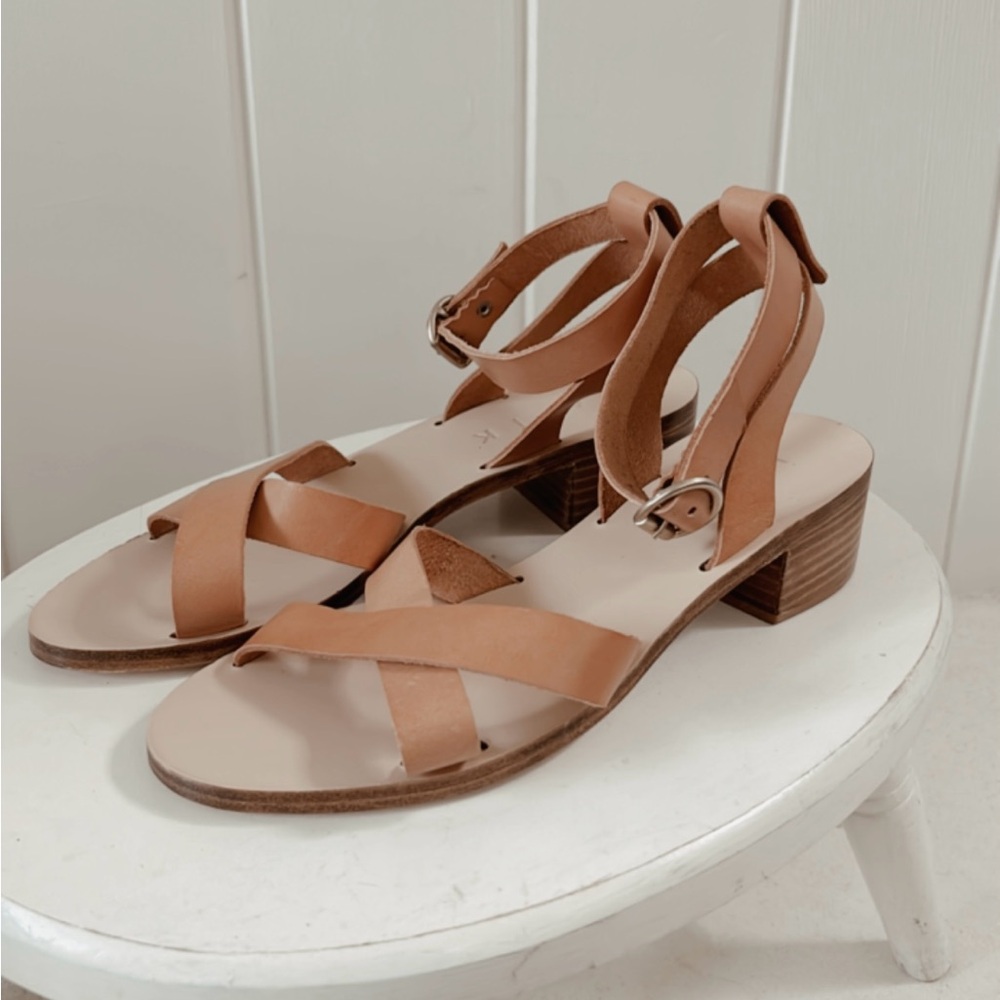 Laiik Leather Sandals Womens 8.5 Block Heel Camel Gladiator Goddess Beachy Boho